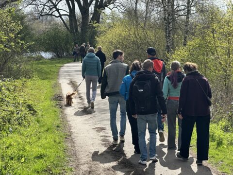 Mensen wandelen in Central Park in Lage Weide op een pad tussen bomen en gras.