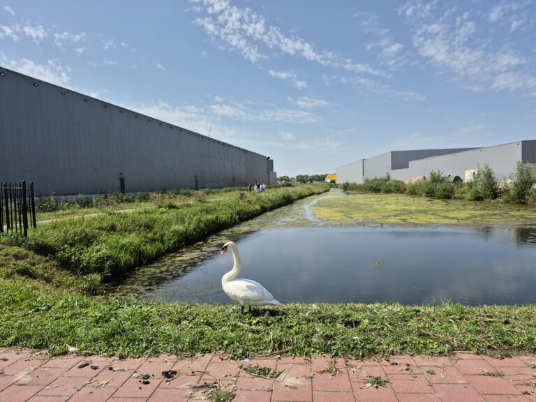 Duurzaam werklandschap met water, industrie en groen, toekomstgericht inclusief natuur.