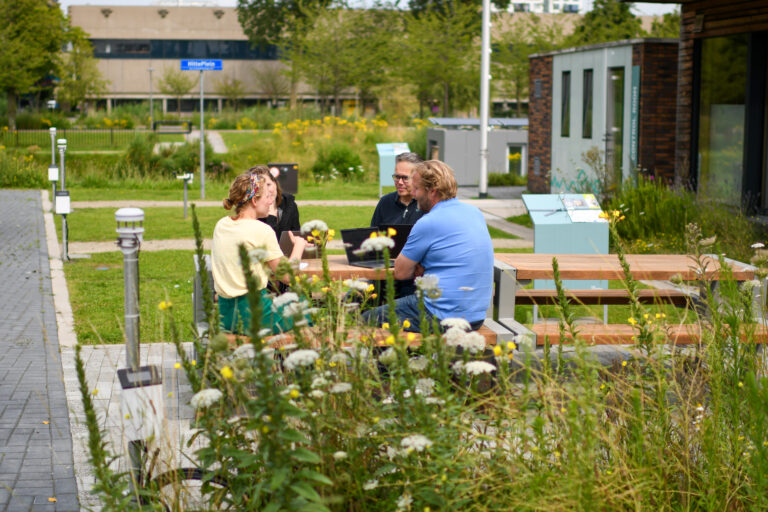 Mensen zitten op een groen bedrijventerrein aan een picknicktafel