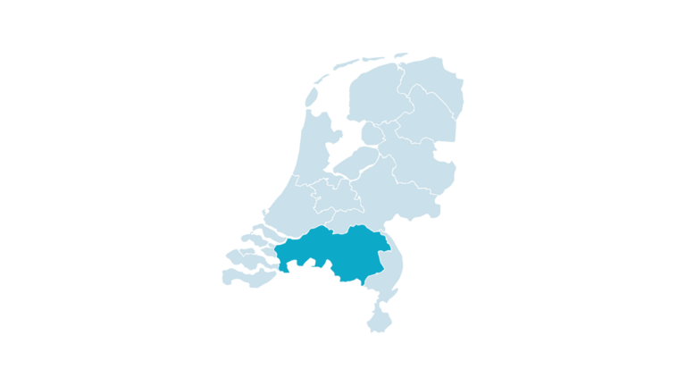 Een kaart van Nederland, met provincie Noord-Brabant uitgelicht