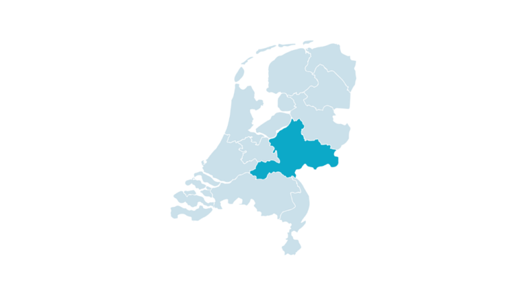 Een kaart van Nederland, met provincie Gelderland uitgelicht