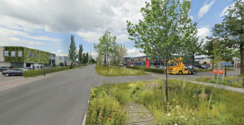 Groene werklandschap met moderne bedrijfsgebouwen en groenvoorzieningen.