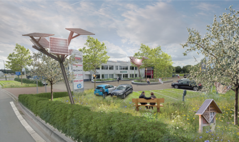 Moderne duurzame zonnepanelen en groene omgeving op Ambassadeursterrein Nijverkamp Ambacht.